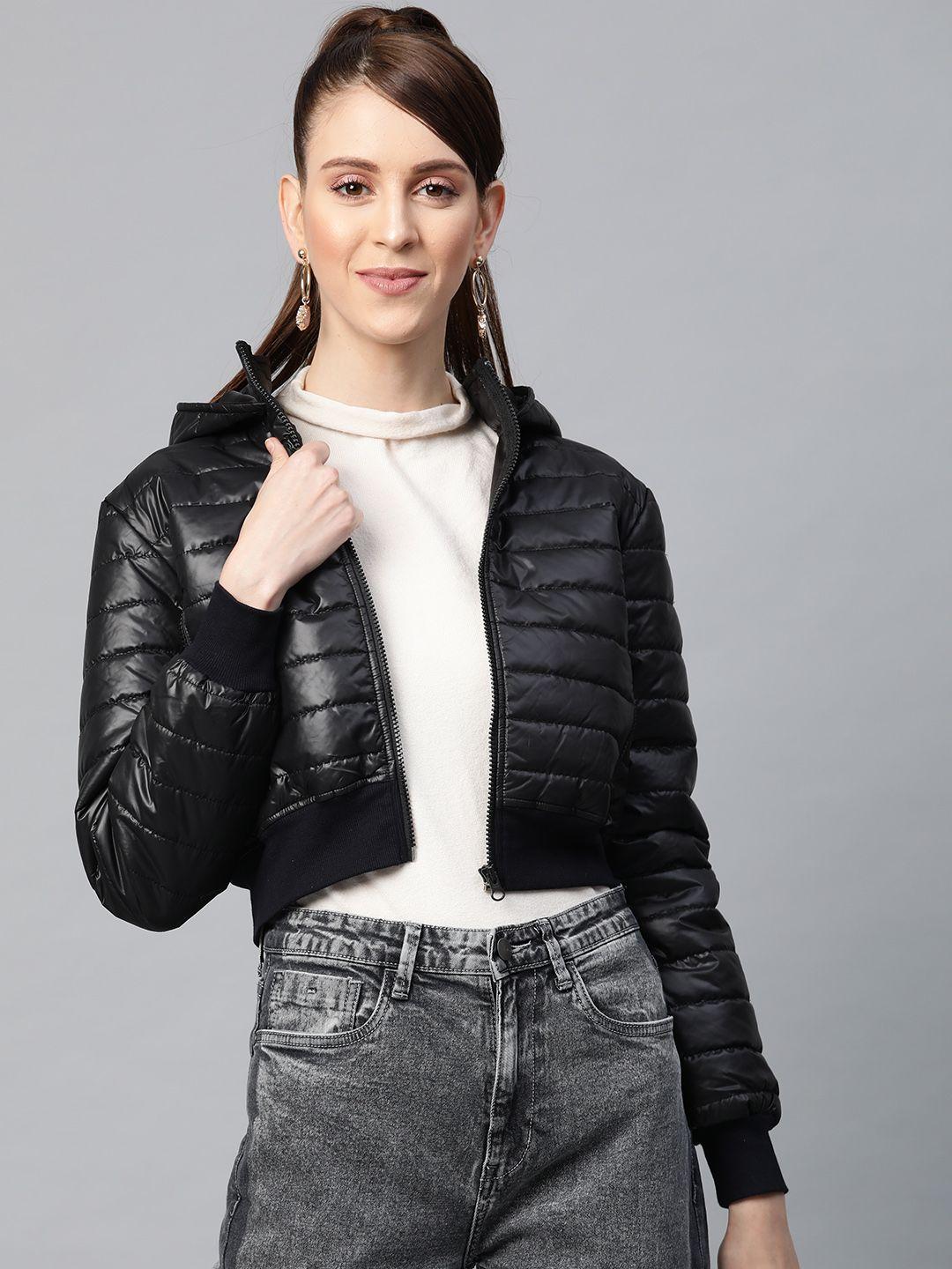 sassafras women black solid cropped puffer jacket