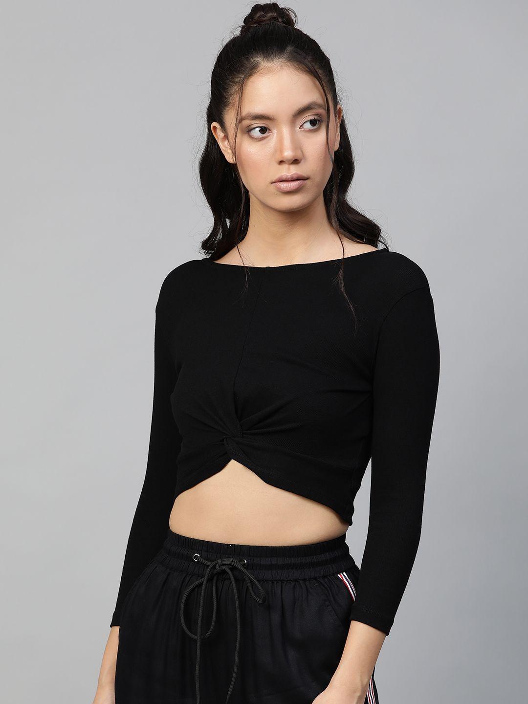 sassafras women black solid cropped twisted knot top