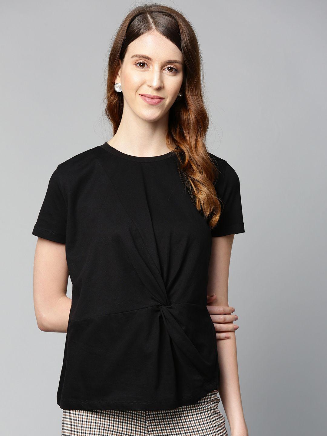 sassafras women black solid pure cotton top