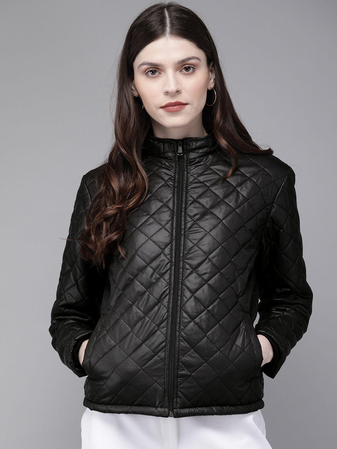 sassafras women black solid quilted hooded jacket