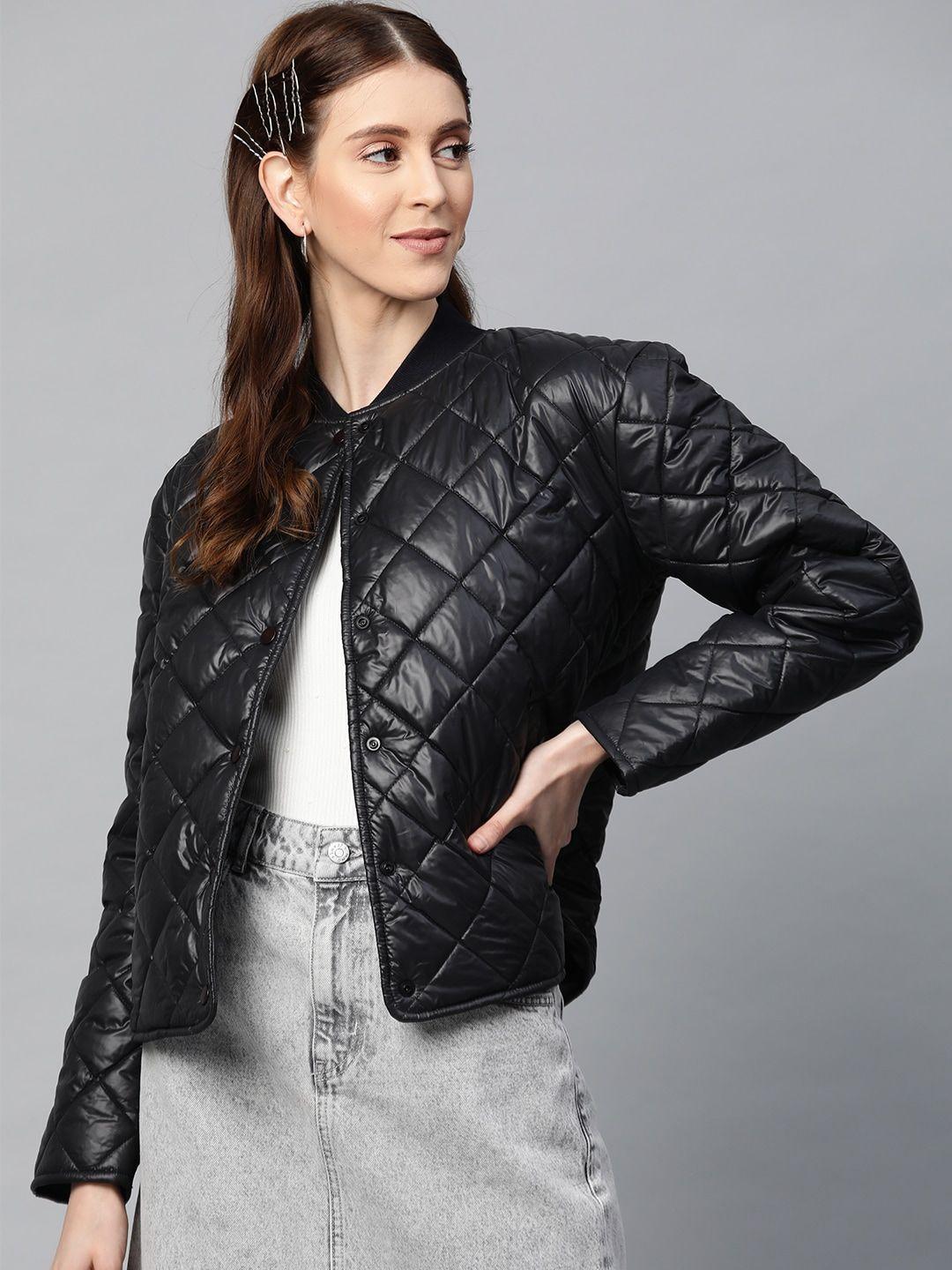 sassafras women black solid quilted jacket