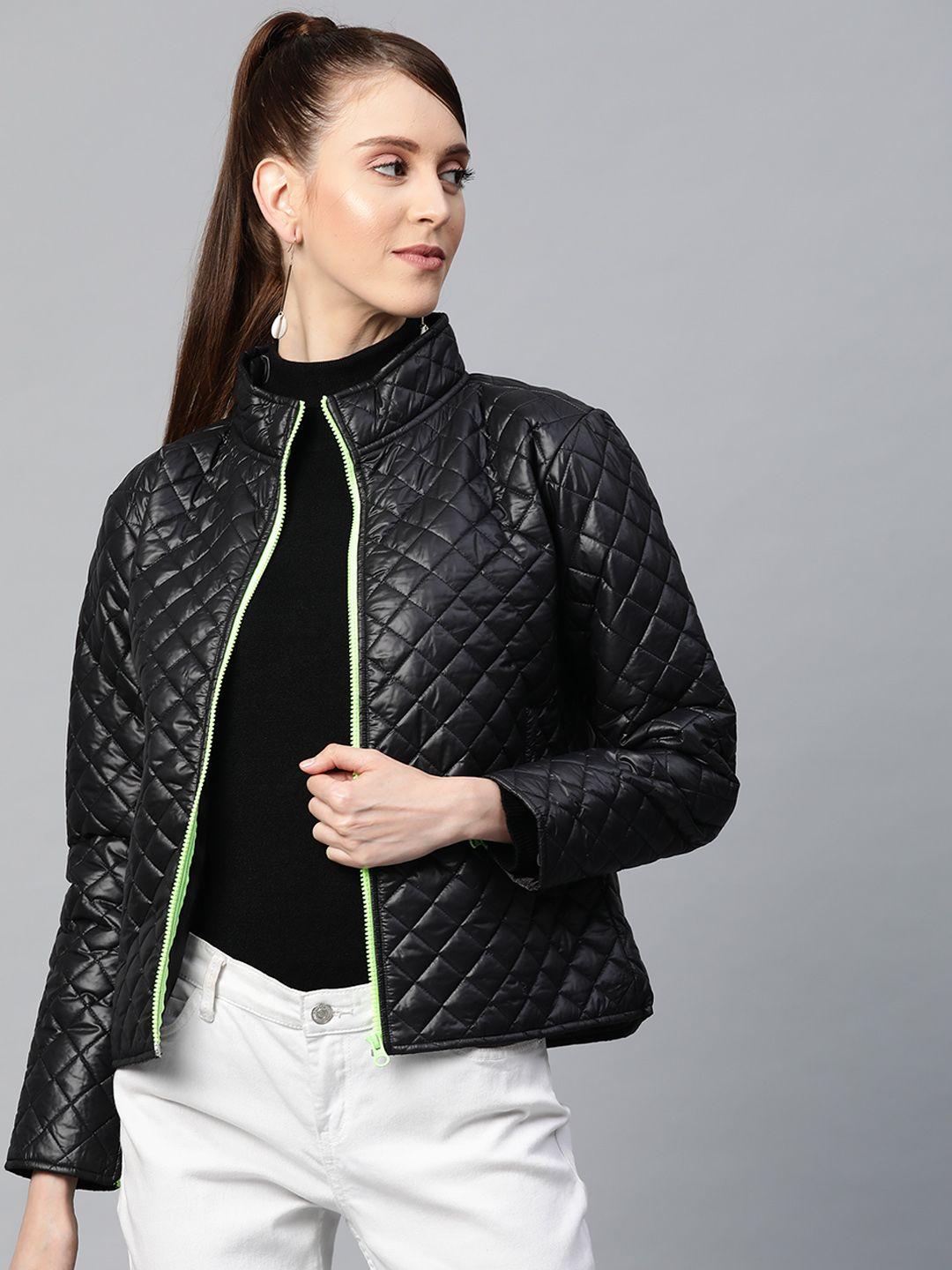 sassafras women black solid quilted jacket