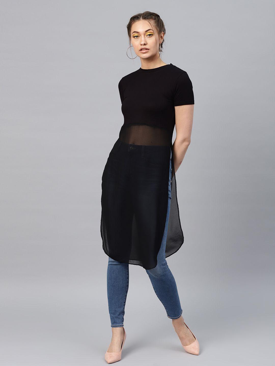 sassafras women black solid semi-sheer longline a-line top