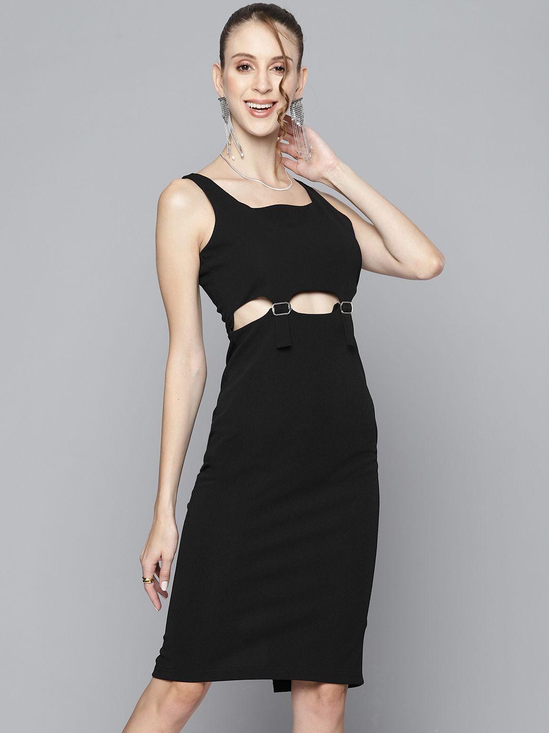 sassafras women black textured sheath midi dress