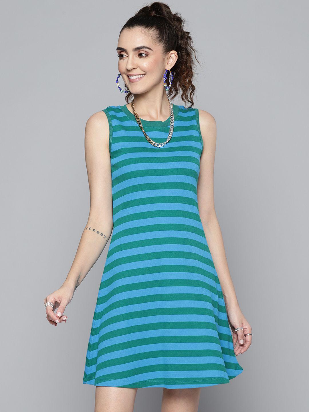 sassafras women blue & green striped a-line dress