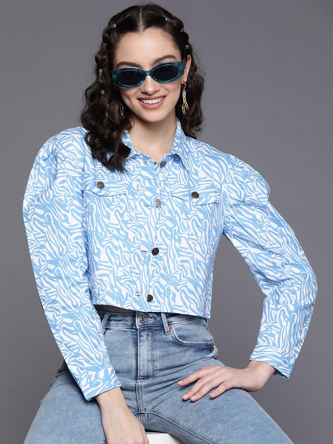 sassafras women blue & white printed pure cotton crop tailored jacket