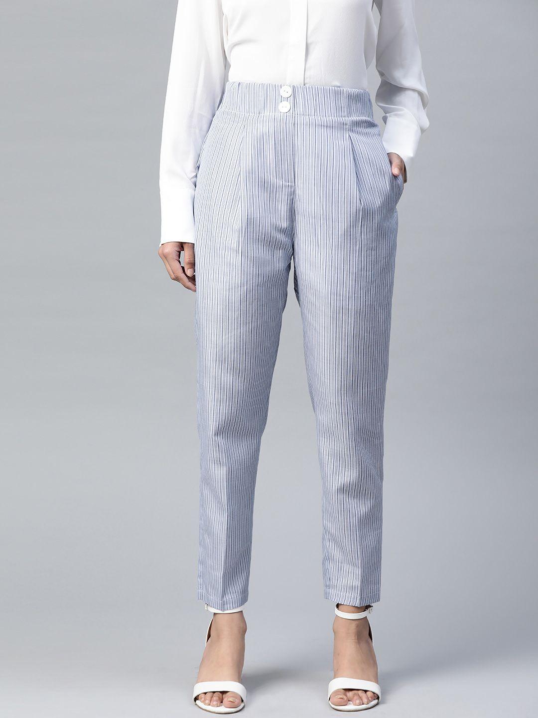 sassafras women blue & white straight fit striped regular trousers