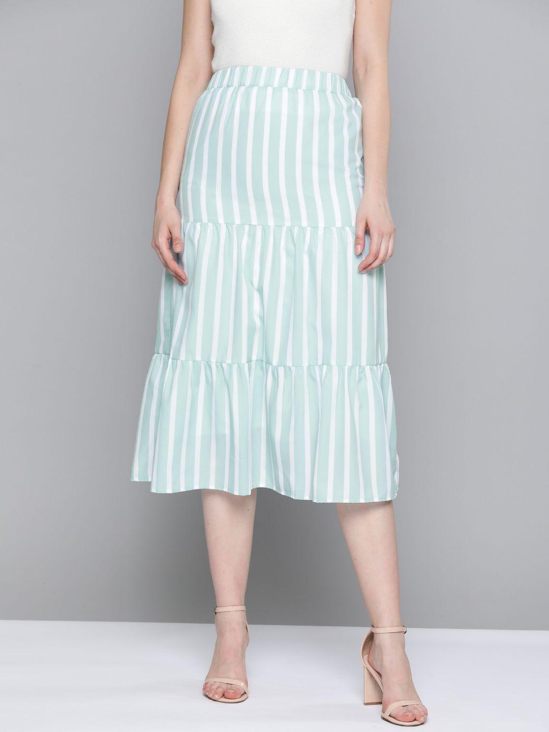 sassafras women blue & white striped midi tiered skirt