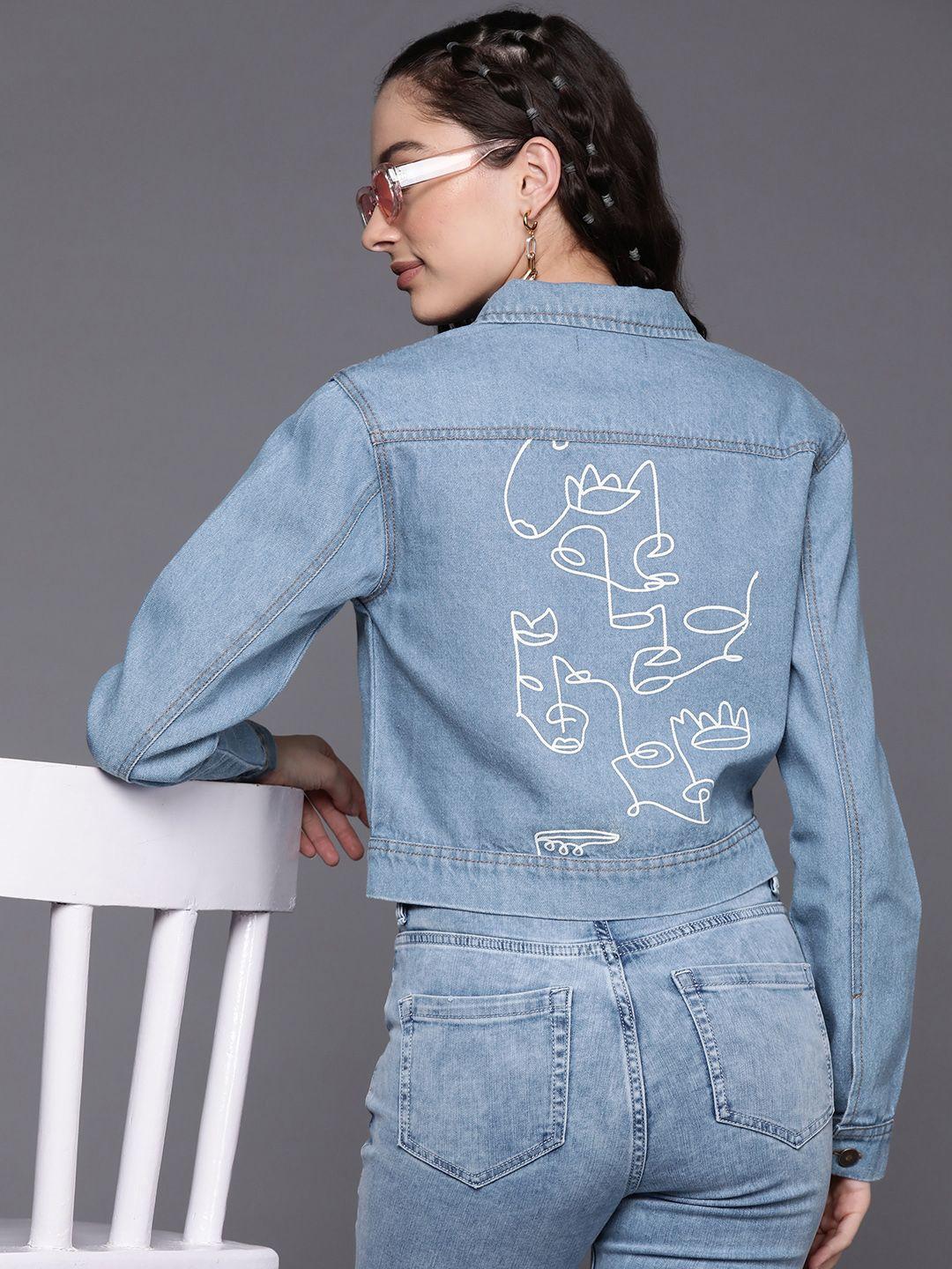 sassafras women blue back printed pure cotton denim jacket