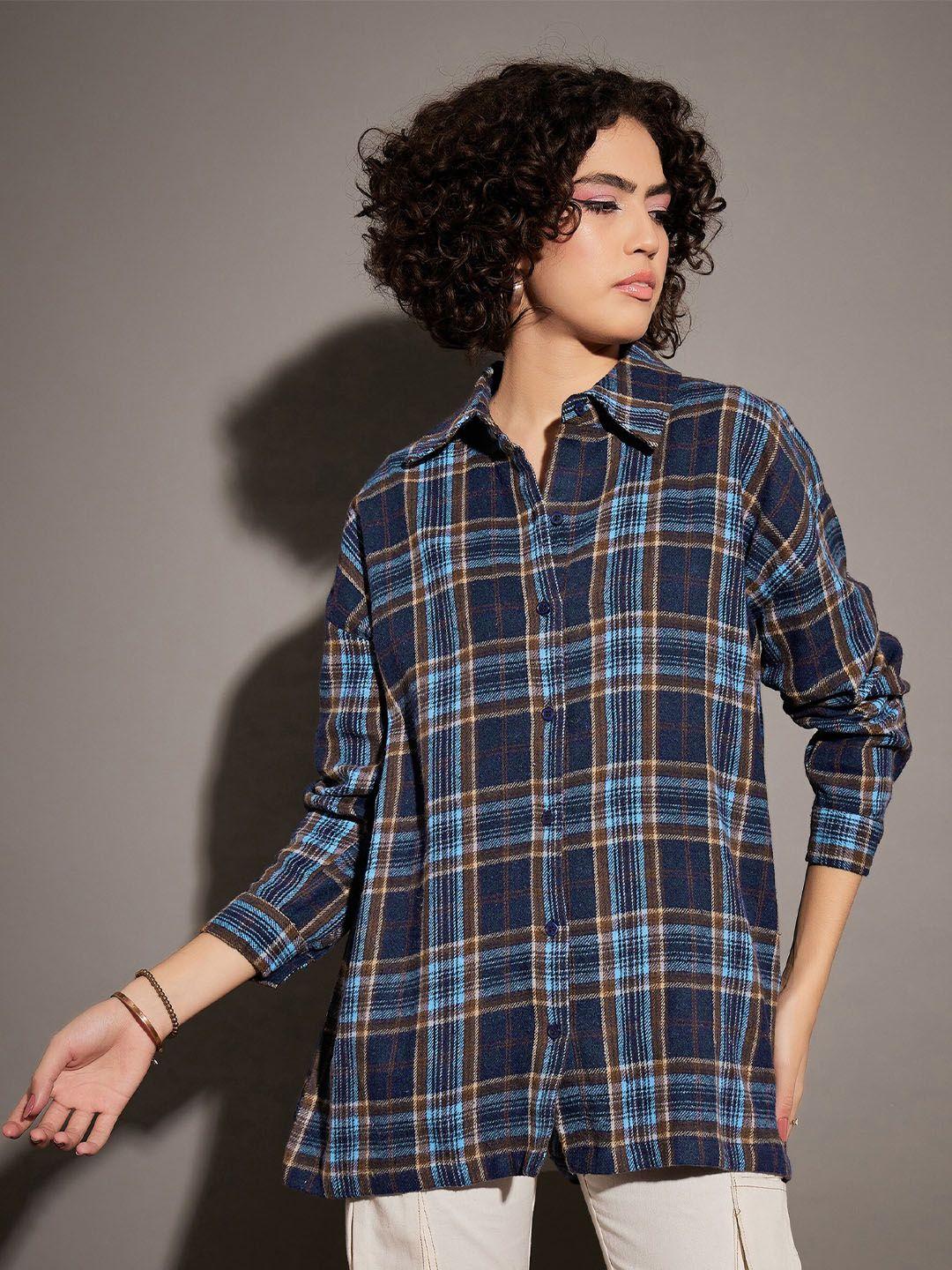 sassafras women blue checked casual shirt