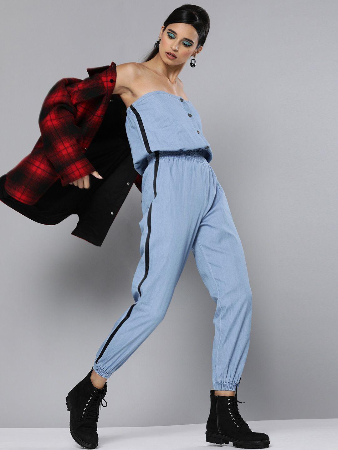 sassafras women blue denim pure cotton solid tube jumpsuit