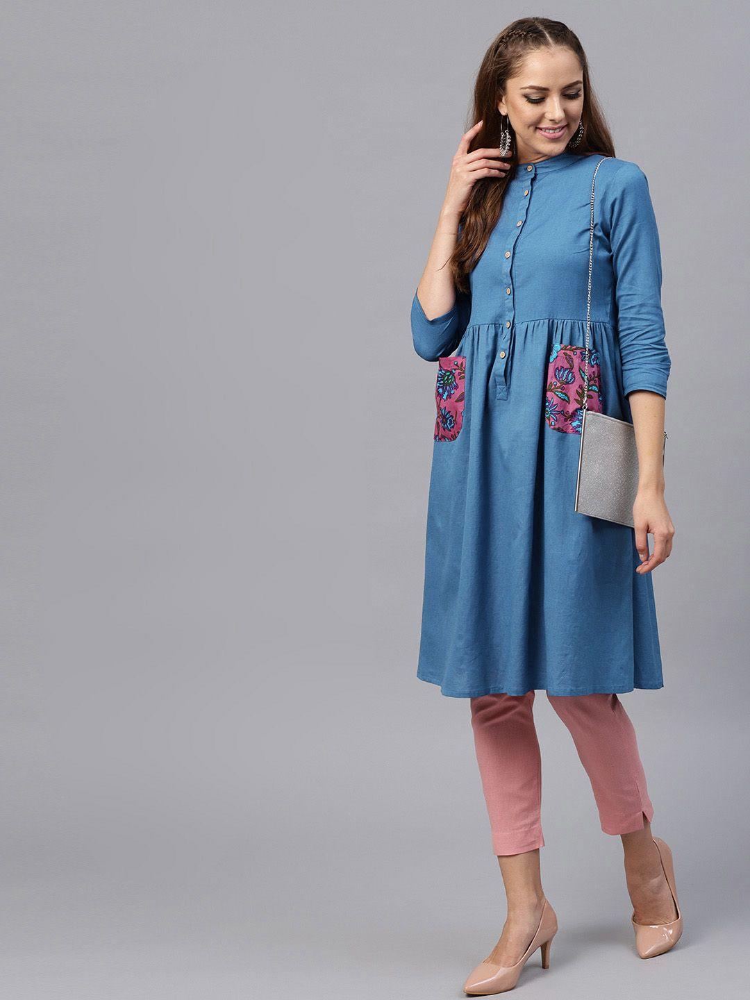 sassafras women blue solid a-line kurta