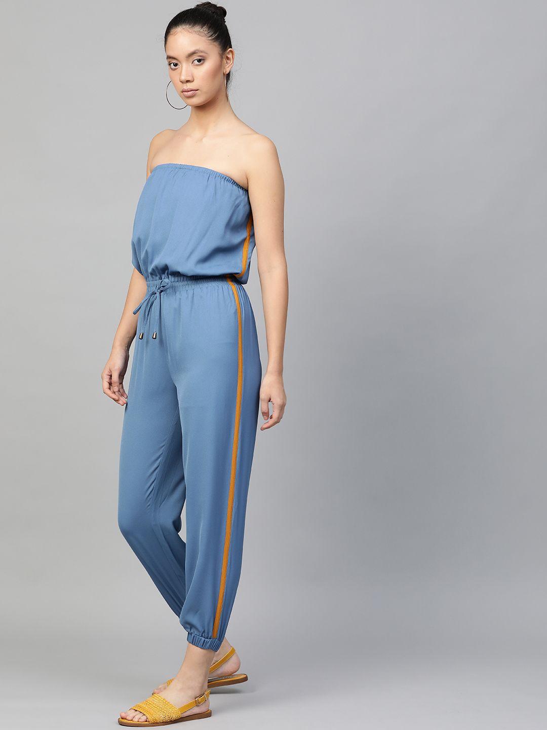 sassafras women blue solid cropped basic tube jumpsuit