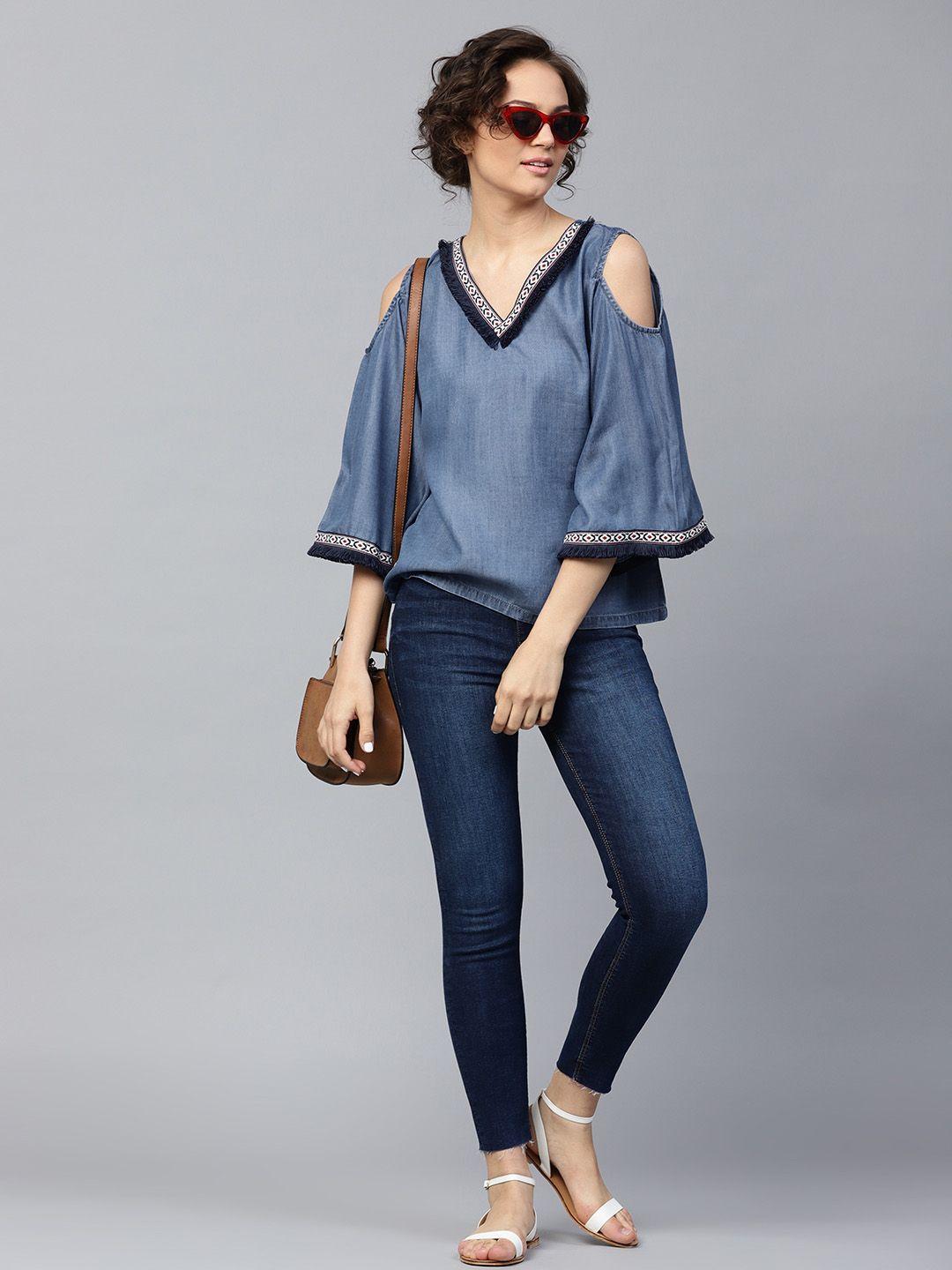 sassafras women blue solid denim cold-shoulder pure cotton top