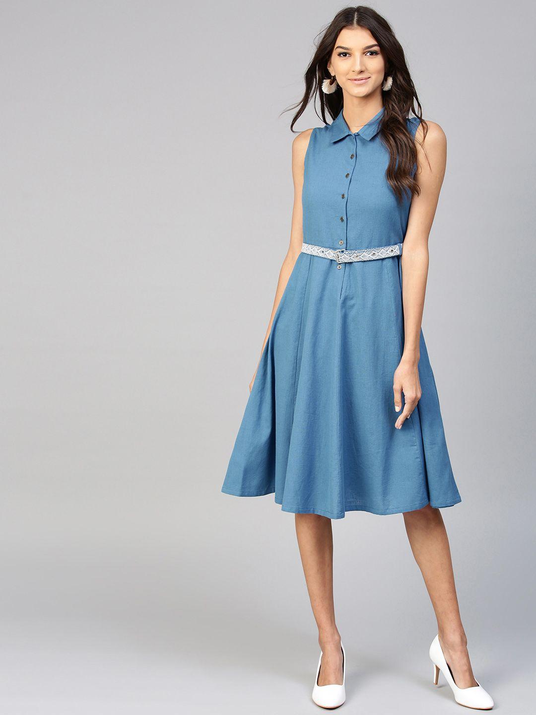 sassafras women blue solid shirt dress