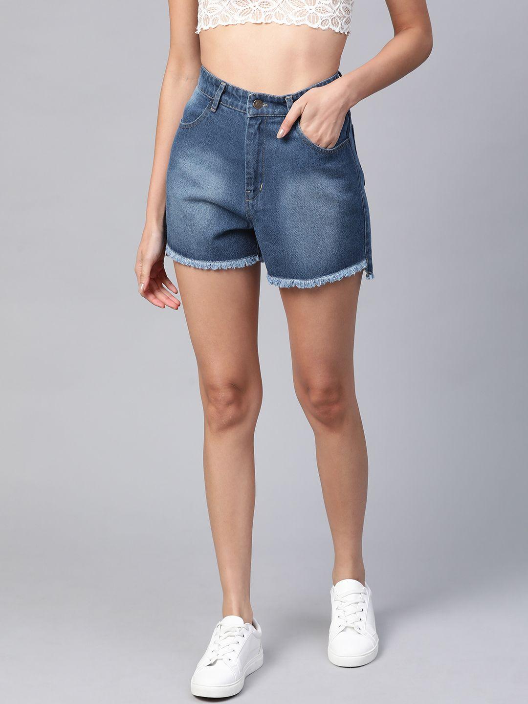 sassafras women blue washed high-rise pure cotton denim shorts