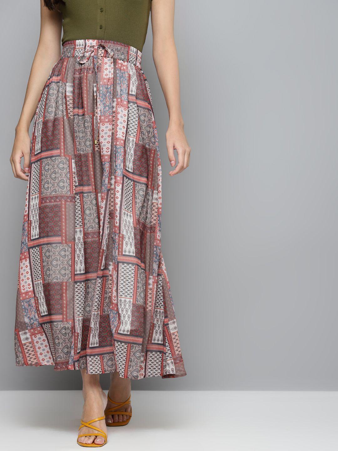 sassafras women brown & red ethnic motifs printed flared maxi skirt