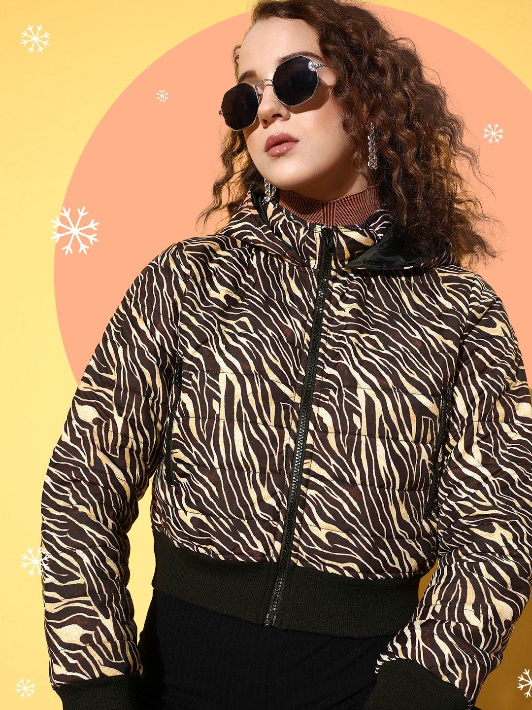 sassafras women brown animal print crop puffer jacket