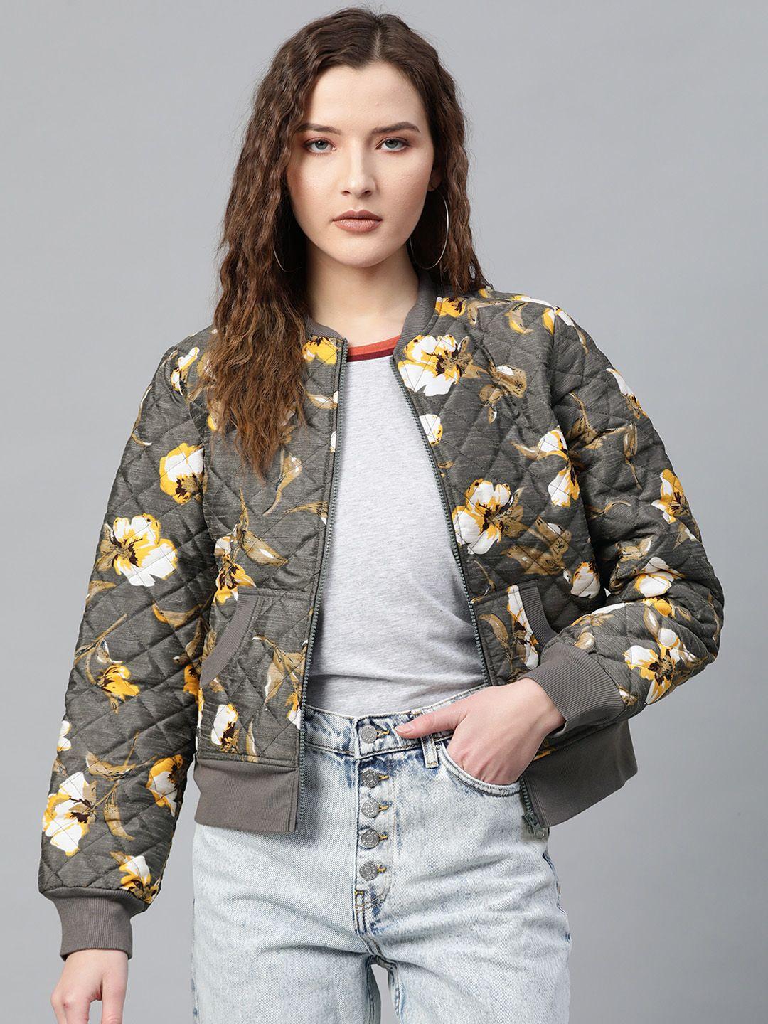 sassafras women charcoal grey & yellow floral print quilted jacket