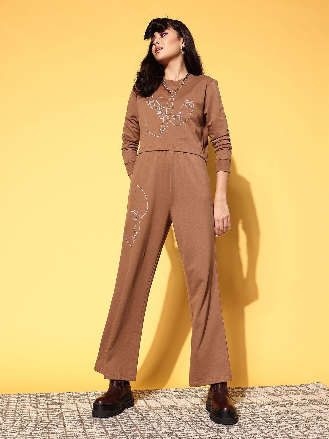 sassafras women chic brown printed sweatshirt with solid trousers
