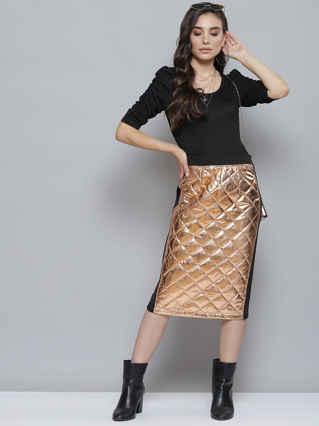 sassafras women copper & black quilted metallic pencil skirt