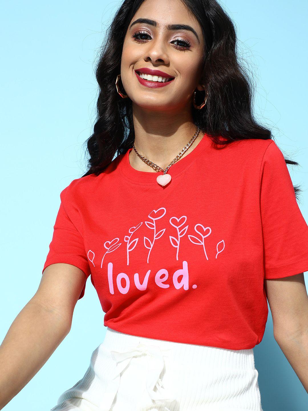 sassafras women coral red typography printed boxy t-shirt
