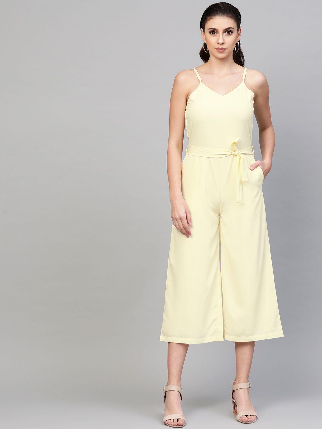 sassafras women cream-coloured solid culotte jumpsuit