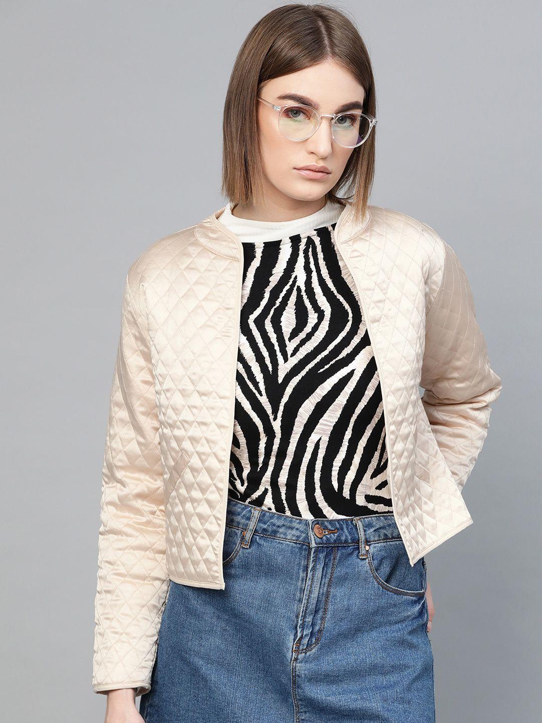 sassafras women cream-coloured solid quilted jacket