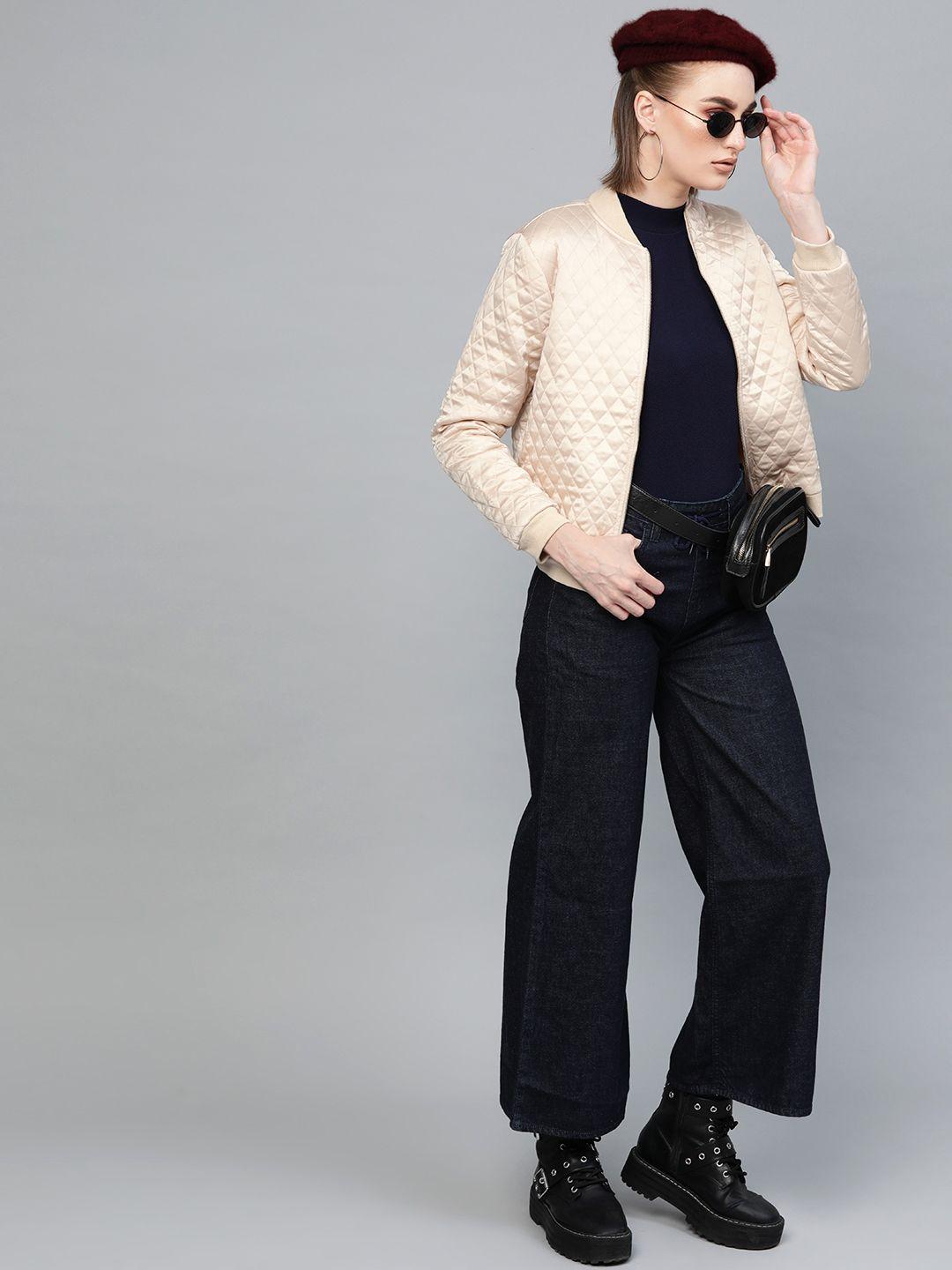 sassafras women cream-coloured solid quilted jacket