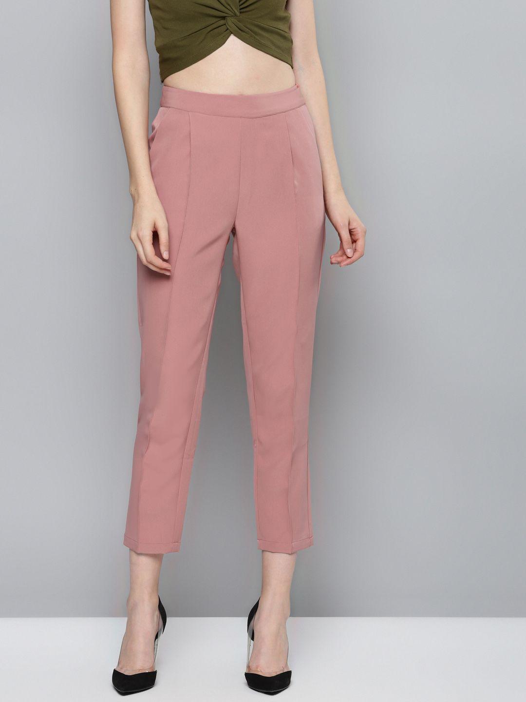 sassafras women dusty pink tailored fit solid regular trousers