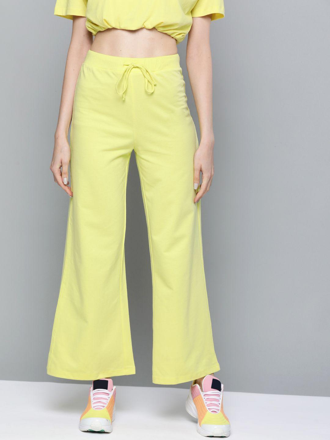 sassafras women fluorescent green high-rise crop wide leg track pants