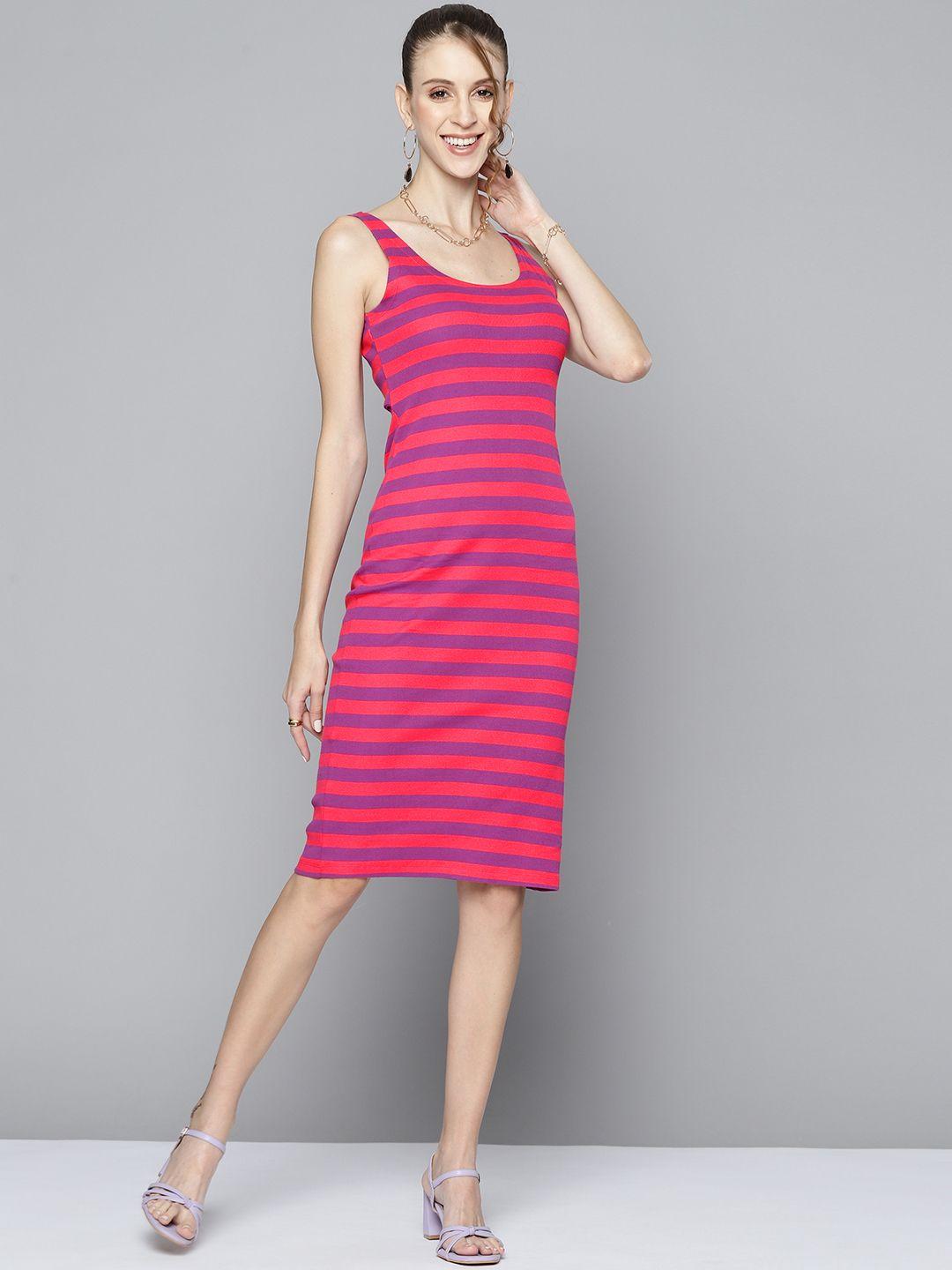 sassafras women fuchsia pink & purple striped ribbed bodycon midi dress