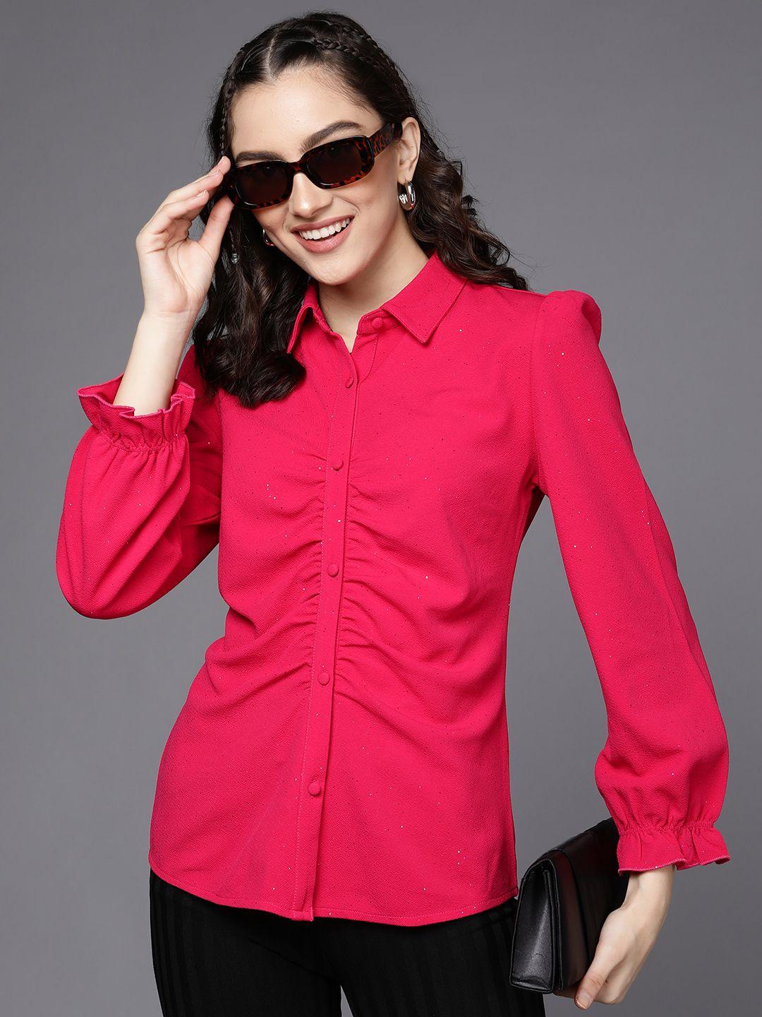 sassafras women fuchsia pink shimmer fitted ruched shirt