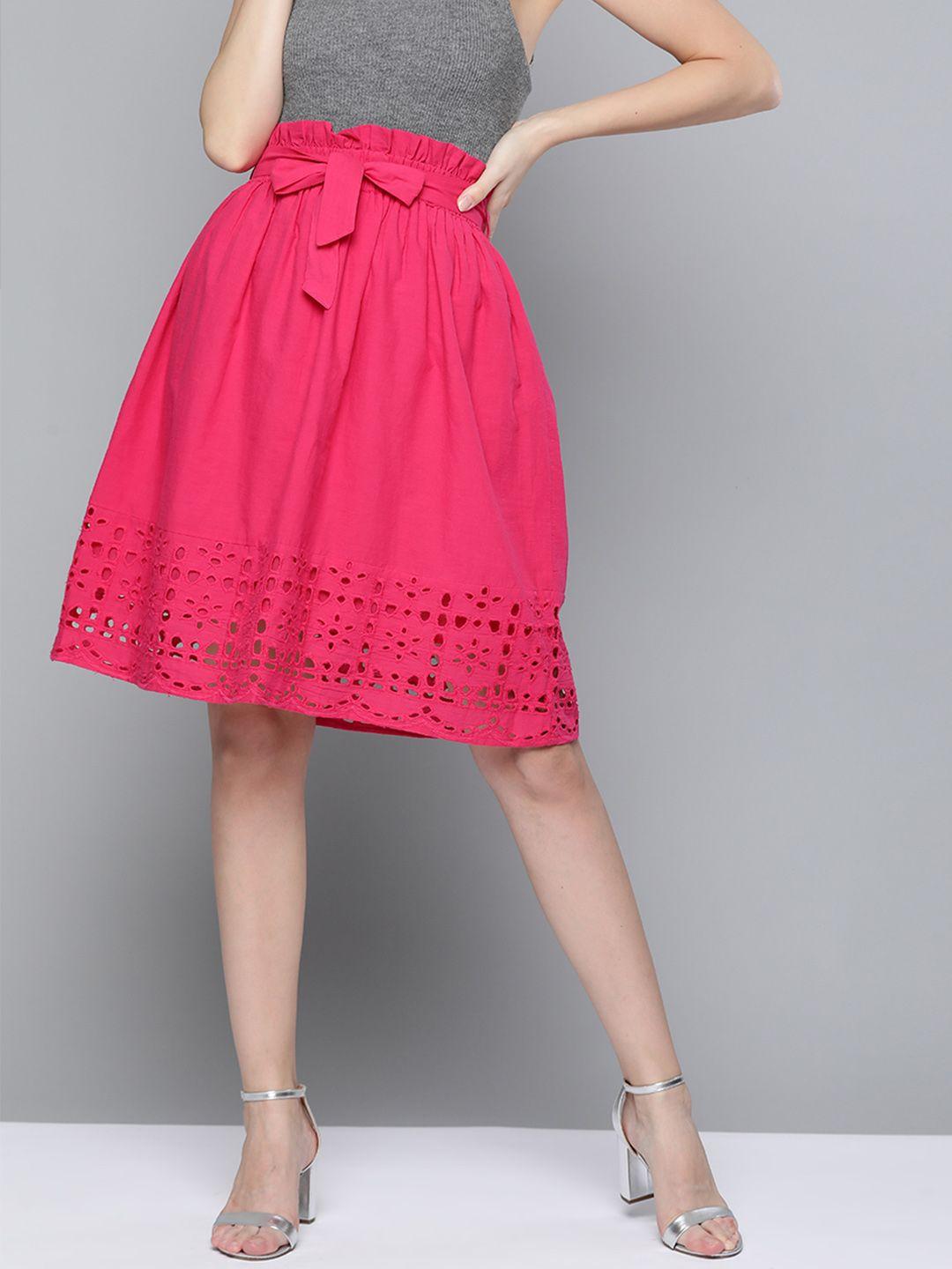 sassafras women fuchsia pink solid cotton schiffli detail flared skirt with belt