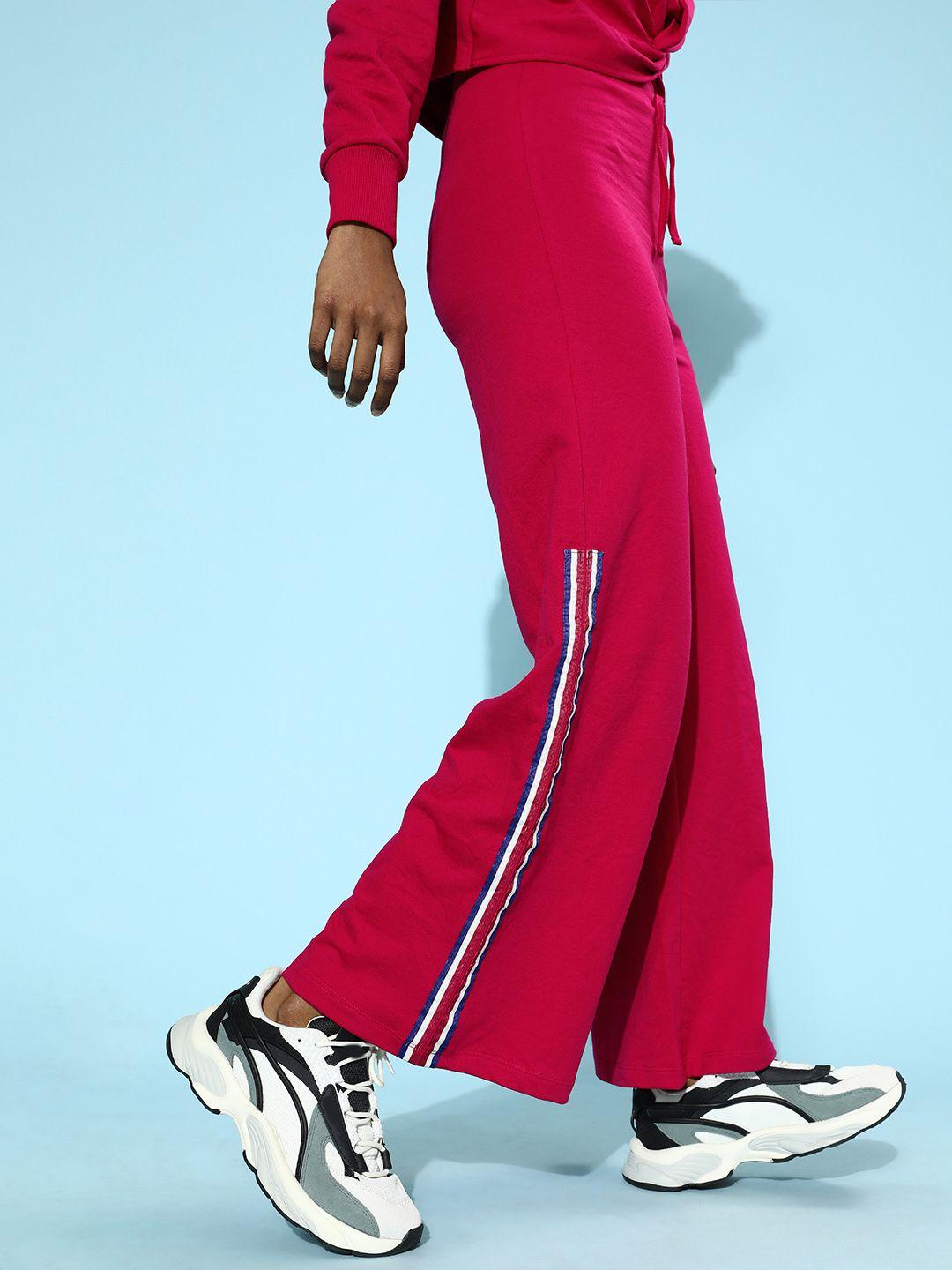 sassafras women fuchsia solid track pants with side tape