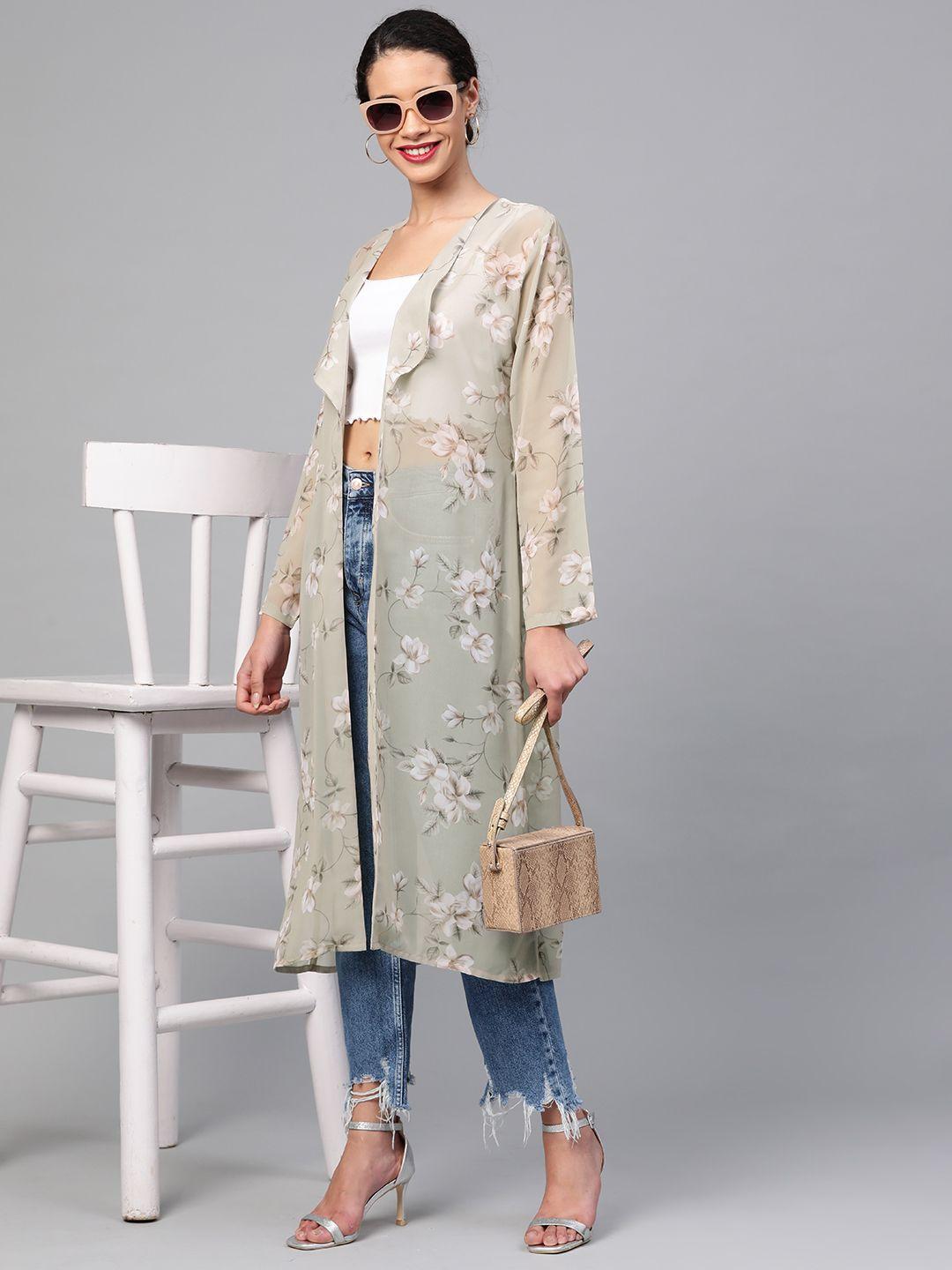 sassafras women green & off-white printed longline open front shrug