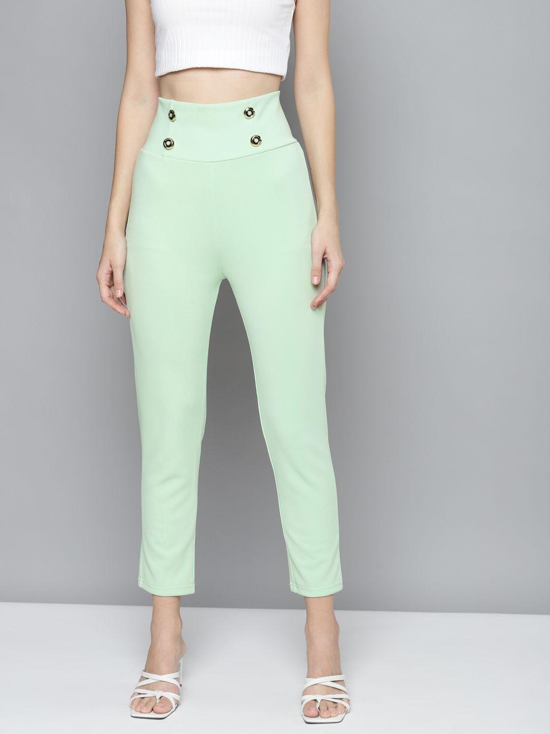 sassafras women green scuba front button high waist pants