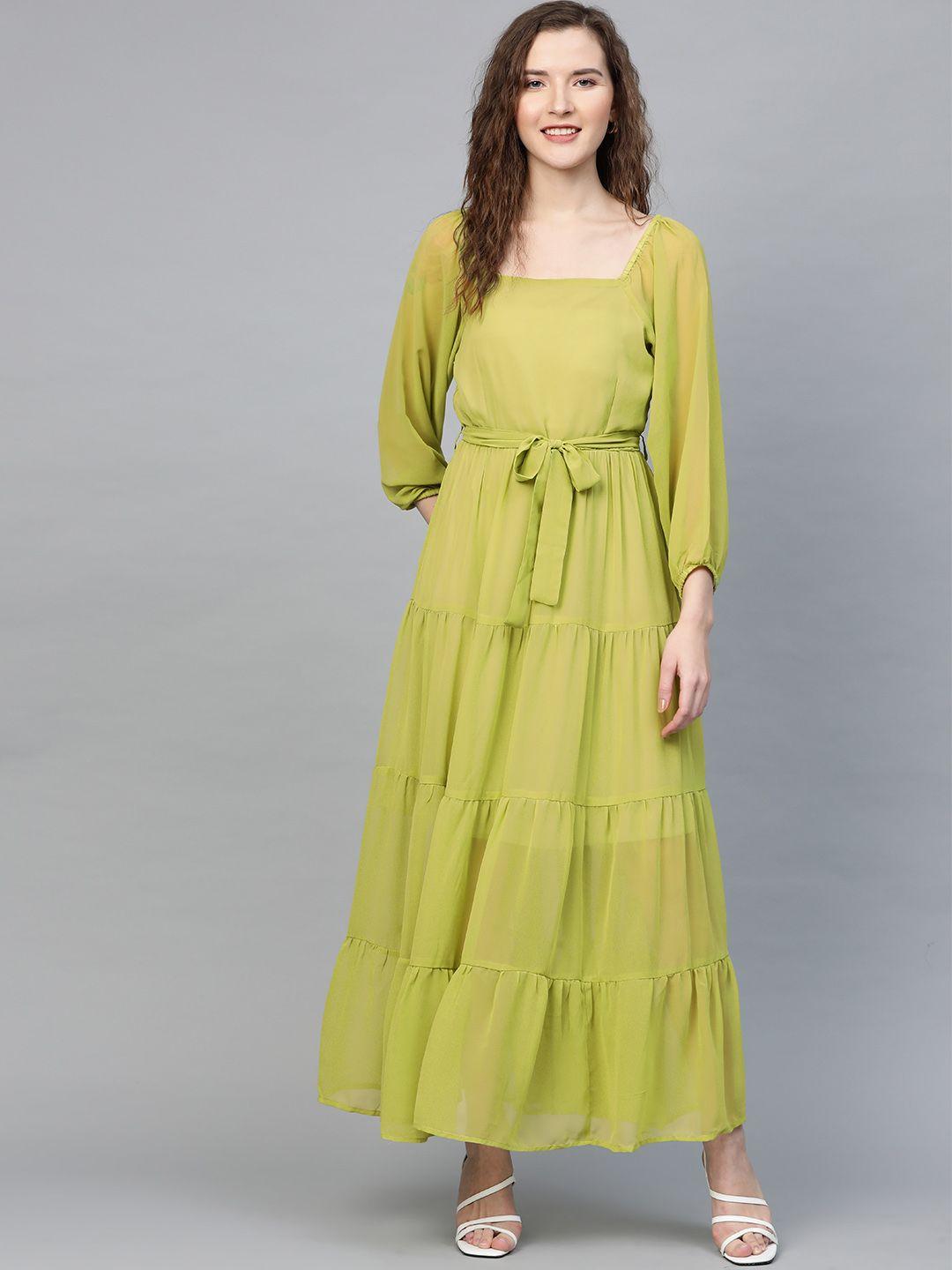 sassafras women green solid tiered maxi dress