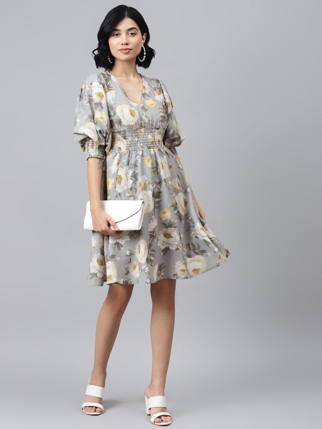 sassafras women grey & beige floral printed empire dress