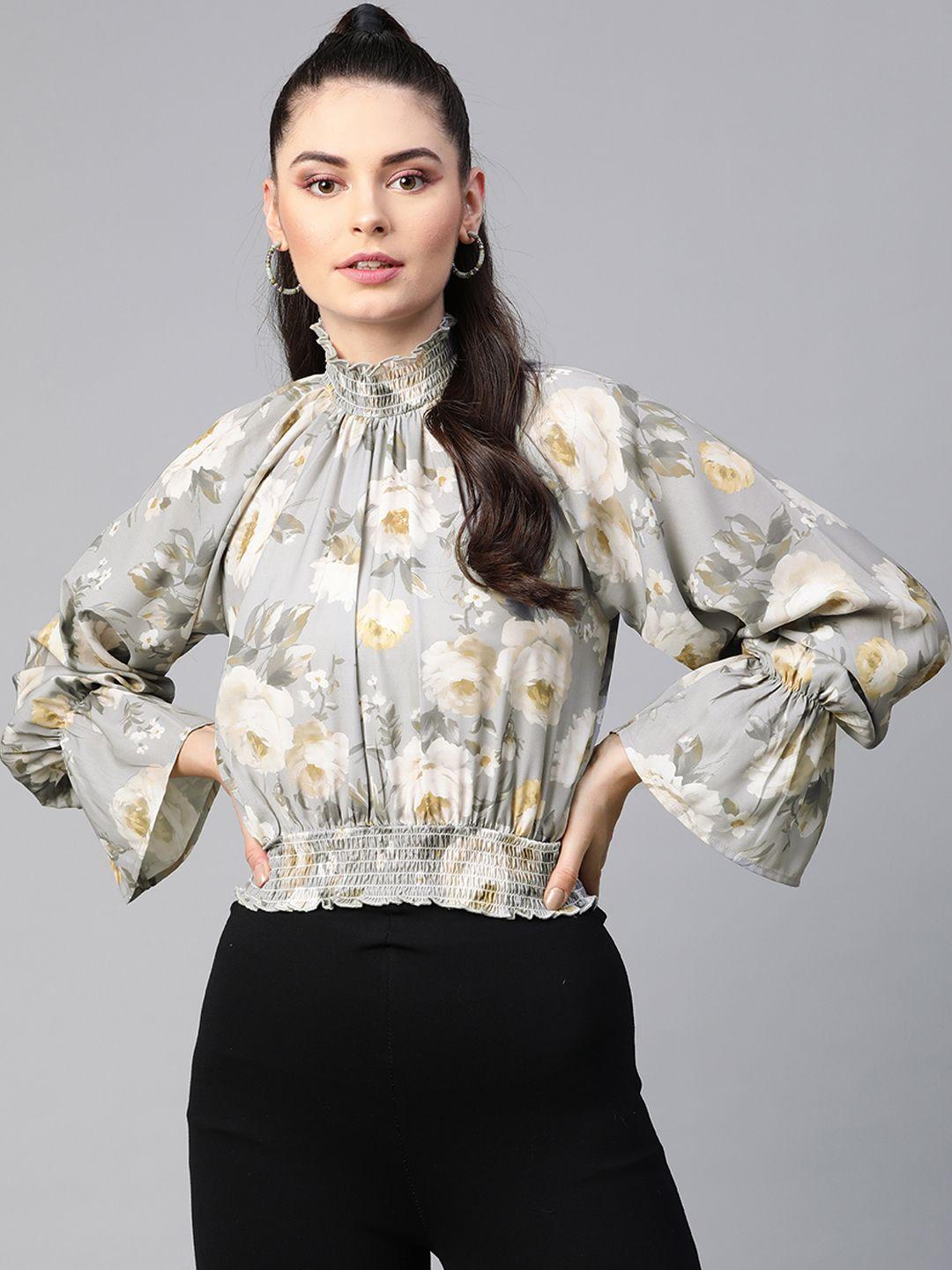 sassafras women grey & off-white floral printed bell sleeves blouson crop top