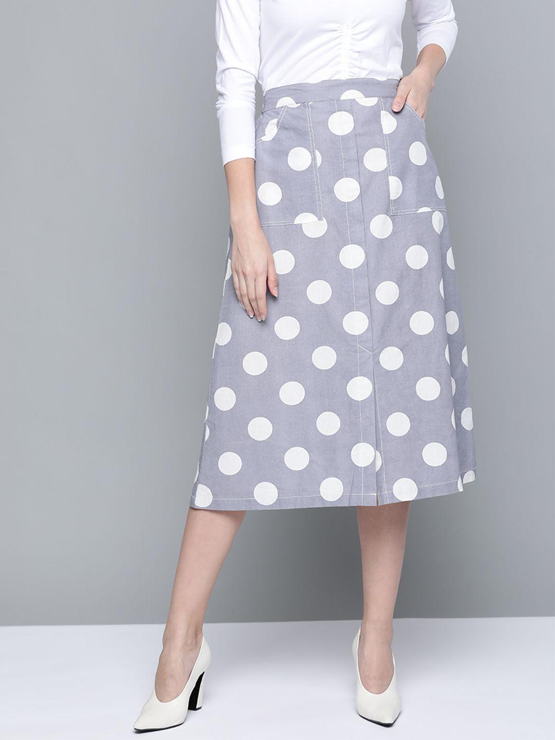 sassafras women grey & white polka dot print cotton linen front slit midi a-line skirt