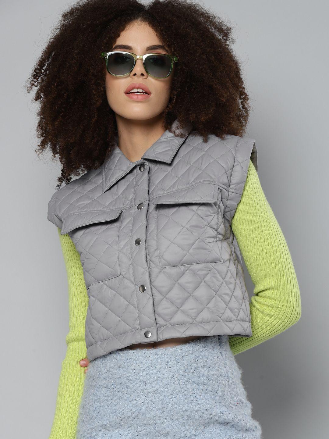 sassafras women grey crop quilted jacket