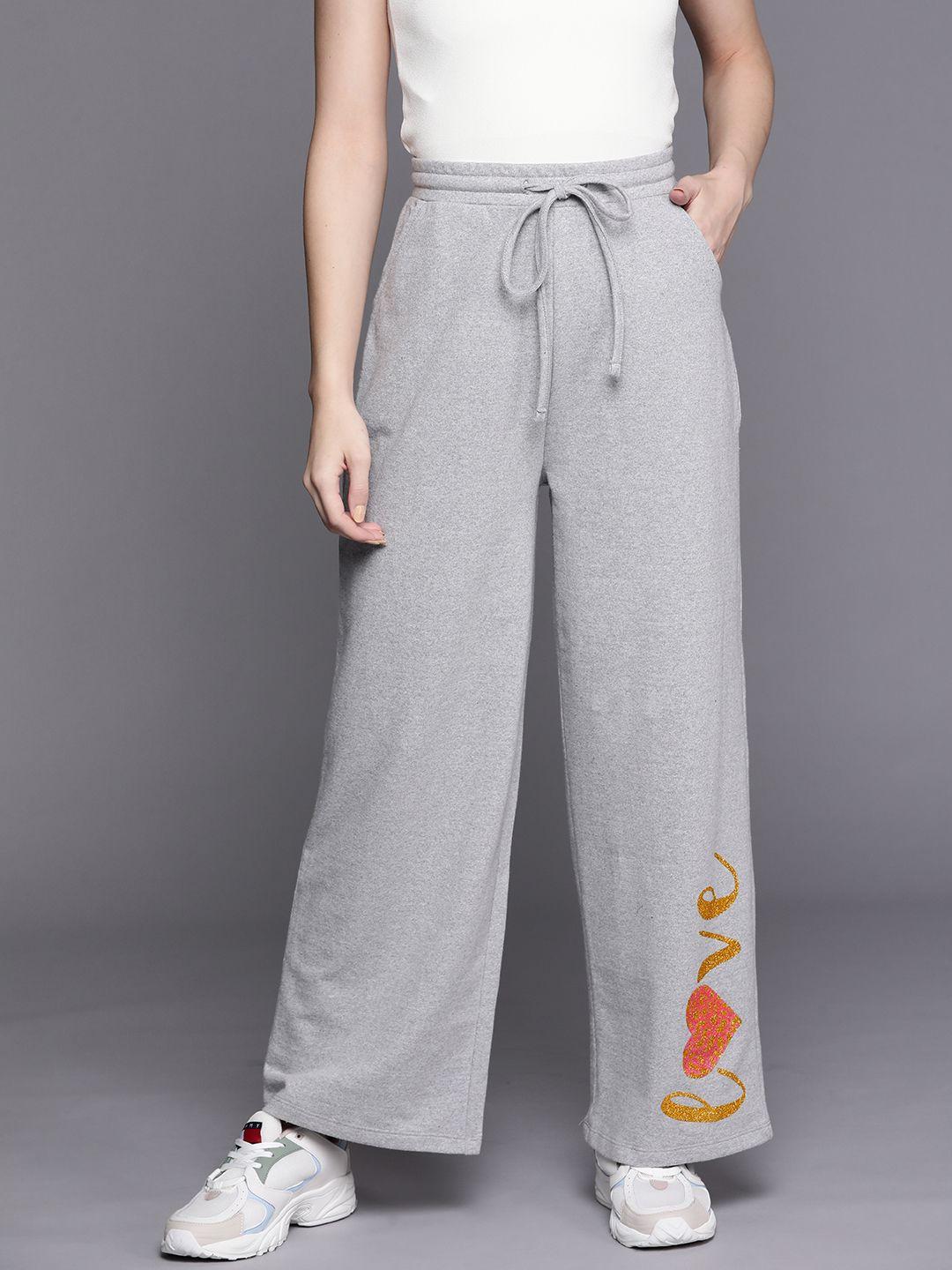 sassafras women grey melange track pants with printed detail