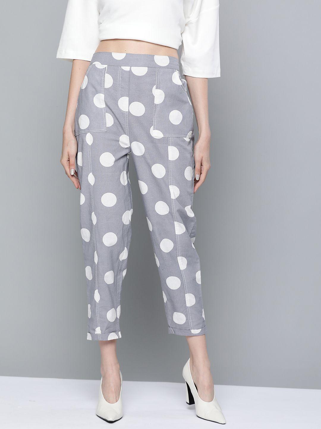 sassafras women grey polka dots print tapered fit high-rise cropped trousers