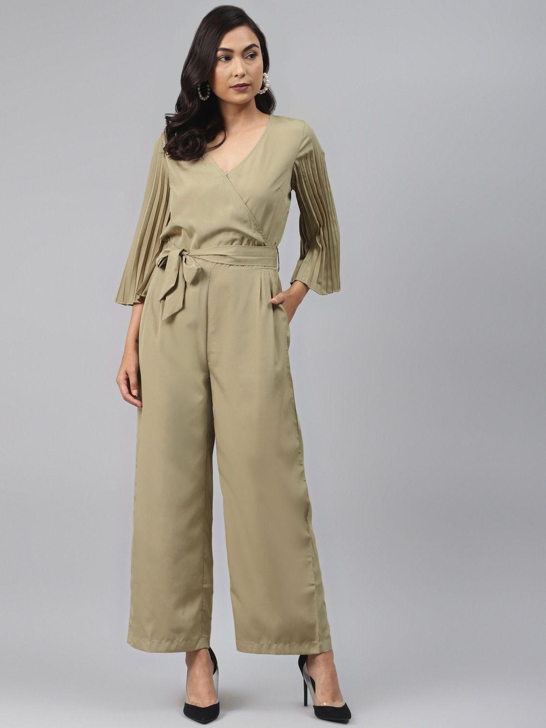 sassafras women khaki solid basic jumpsuit with pleated sleeves