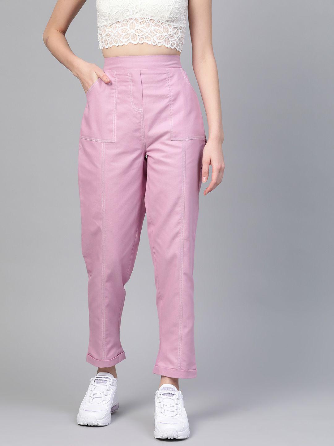 sassafras women lavender twill weave tapered fit solid high-rise regular trousers