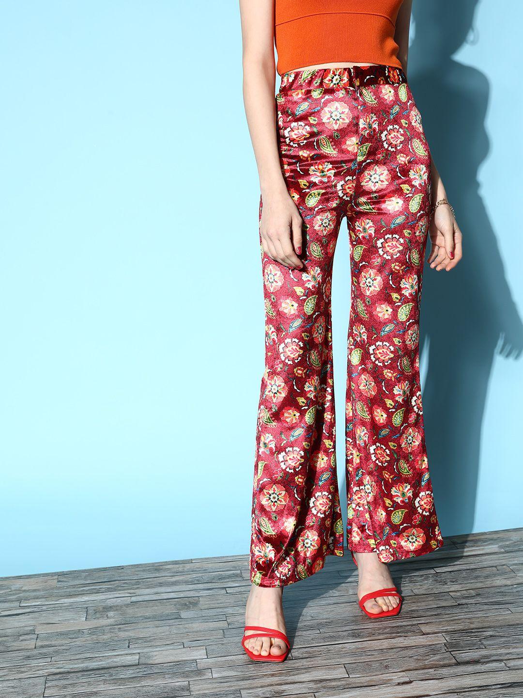 sassafras women lovely maroon floral velvet trousers