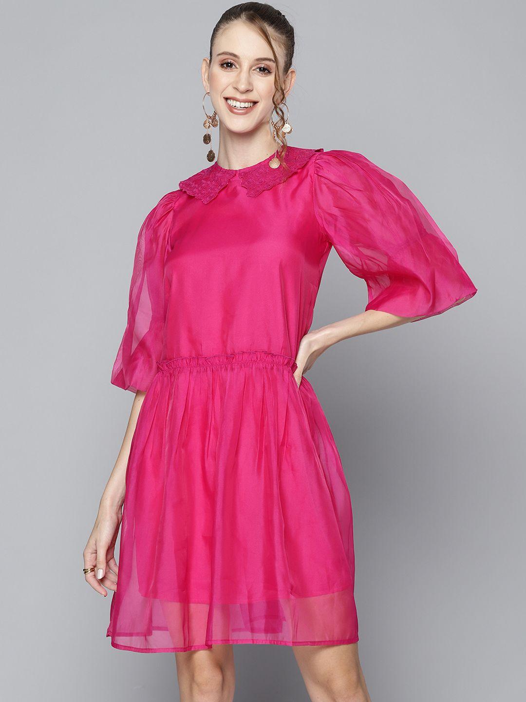 sassafras women magenta embroidered peter pan collar a-line dress