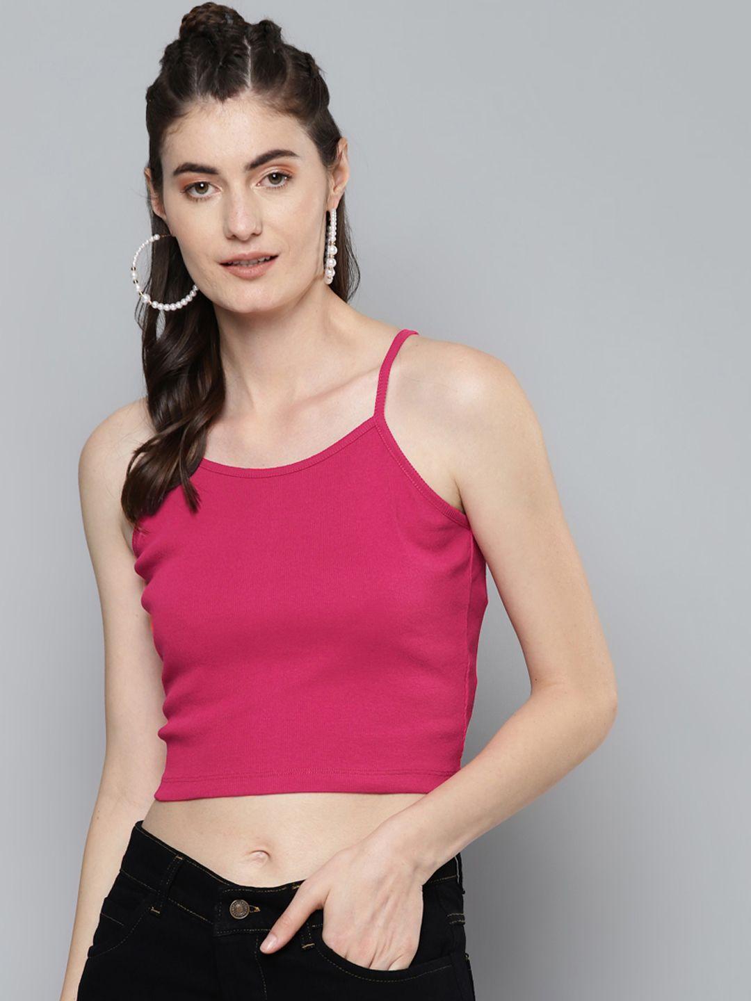 sassafras women magenta ribbed fitted crop top