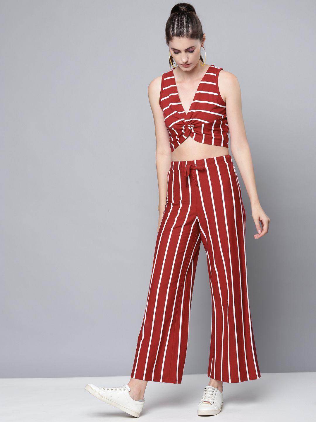 sassafras women maroon & white striped high-rise parallel trousers
